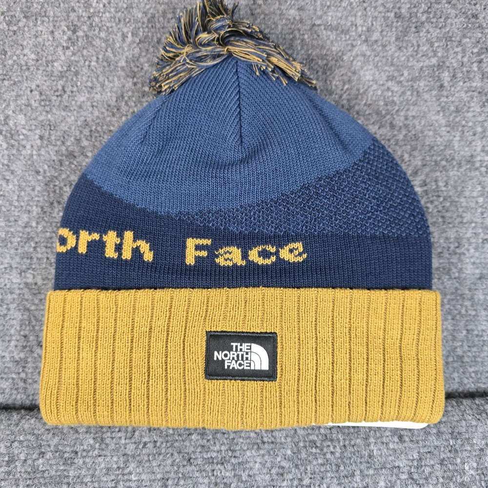 The North Face Recycled Pom Beanie Hat Blue Yellow Knit Winter Warm NWT